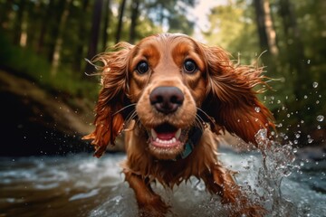 Medium shot portrait photography of a curious cocker spaniel splashing in a pool against a forest background. With generative AI technology
