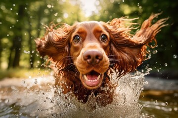 Medium shot portrait photography of a curious cocker spaniel splashing in a pool against a forest background. With generative AI technology