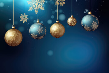 Fototapeta na wymiar Beautiful greeting card, gift card or invitation card for Merry Christmas with balls on shiny snowflakes background. Generative AI