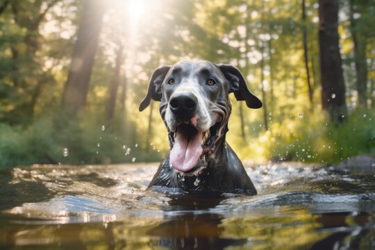 Medium shot portrait photography of a happy great dane swimming against a forest background. With generative AI technology
