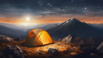 Lonely orange camping tent on top of mountain with amazing sunrise on background. Time spending on fresh air, generative ai
