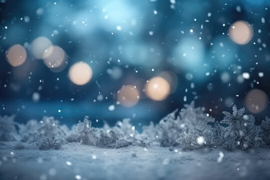 Winter snow background with snowdrifts, beautiful light and snow flakes on blue sky, beautiful bokeh circles, copy space. Generative AI