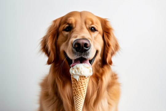 Medium shot portrait photography of a curious golden retriever licking an ice cream cone against a minimalist or empty room background. With generative AI technology