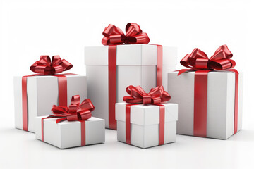 Obraz premium Christmas and New Year's Day , group red gift boxes white background. Generative AI
