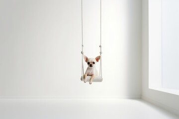 Conceptual portrait photography of a happy chihuahua swinging against a minimalist or empty room background. With generative AI technology
