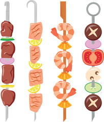 Shish kebab with meat, shrimps, vegetables and salmon, vector illustration