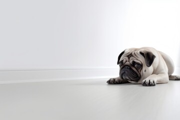 Full-length portrait photography of a curious pug lying down against a minimalist or empty room background. With generative AI technology