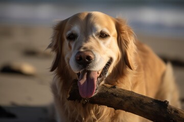 Environmental portrait photography of a happy golden retriever biting a bone against a beach background. With generative AI technology