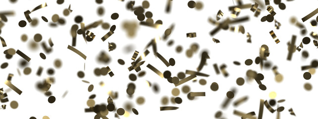 Golden confetti falling down isolated on transparent background.