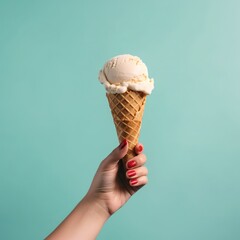 Ice cream cone on a blue background. The woman holding the ice cream by hand Generative AI