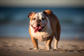 Environmental portrait photography of a happy bulldog holding a frisbee in its mouth against a beach background. With generative AI technology