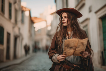 a  woman reading a map  in her trip, generative AI