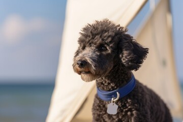 Environmental portrait photography of a curious poodle sailing on a sailboat against a beach background. With generative AI technology