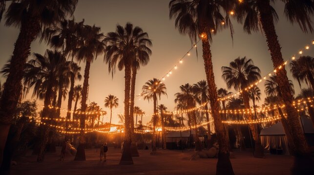Palm Trees and String Party Lights at Sunset Palm Springs Coachella Valley Generative AI