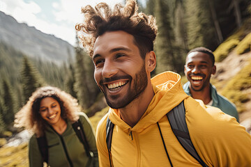 a group of friends hiking on a mountain, generative AI