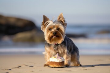 Full-length portrait photography of a happy yorkshire terrier eating a birthday cake against a beach background. With generative AI technology