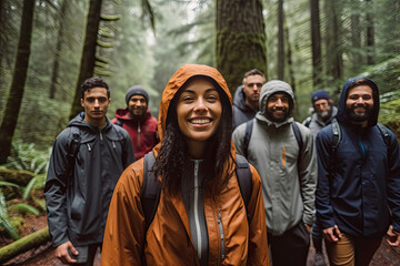 a group of friends hiking in a forest, generative AI