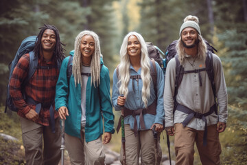 a diverse group of friends hiking in a forest, generative AI