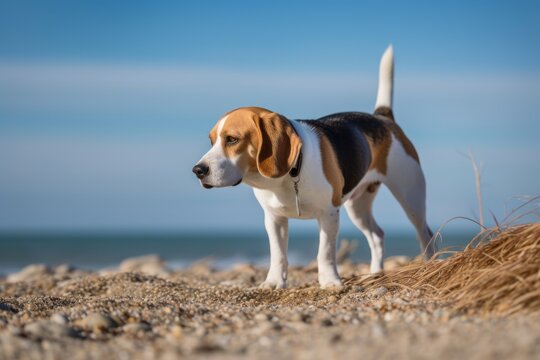 Full-length portrait photography of a bored beagle sniffing against a beach background. With generative AI technology