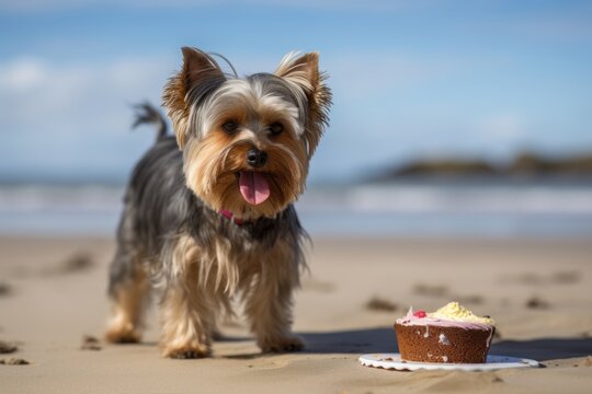 Full-length portrait photography of a happy yorkshire terrier eating a birthday cake against a beach background. With generative AI technology
