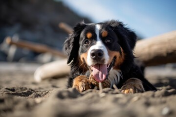 Medium shot portrait photography of a happy bernese mountain dog having a toy in its mouth against a beach background. With generative AI technology