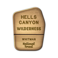 Hells Canyon National Wilderness, Whitman National Forest wood sign illustration on transparent background