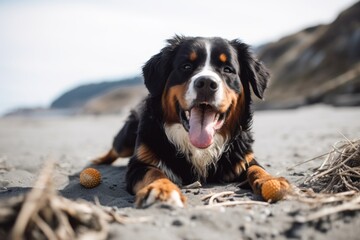 Medium shot portrait photography of a happy bernese mountain dog having a toy in its mouth against a beach background. With generative AI technology