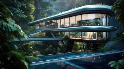 Contemporary Biomimetic Residence in 16:9 Aspect Ratio Constructed with Timberwood Framework, Embracing Nature-inspired Design, Generative AI Illustration