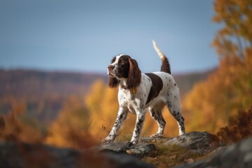 Full-length portrait photography of an aggressive english springer spaniel being on a mountain peak against an autumn foliage background. With generative AI technology