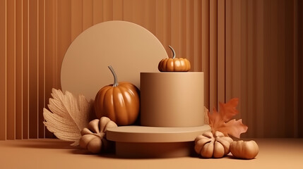 3D autumn background podium display on beige, wood and pumpkin. Generative ai