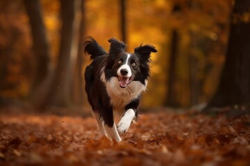 Full-length portrait photography of a happy border collie playing with a ball against an autumn foliage background. With generative AI technology