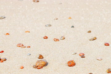 Sea stones amber yellow colored on natural fine beige  sand shore background, copy space. Natural colorful pebbles, monochrome Minimal nature summer landscape, beautiful beach, selective focus
