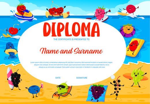 Kids diploma. Cartoon berry characters on summer beach vacation. Kids achievement vector diploma with strawberry, cherry, raspberry, blueberry and cowberry, honeyberry personage sunbathing and surfing