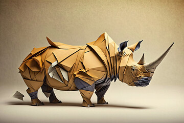 Image of paper origami art. Handmade paper rhinoceros. Wildlife. Animals. illustration, generative AI