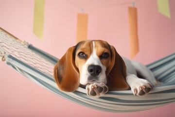 Headshot portrait photography of a happy beagle lying in a hammock against a pastel or soft colors background. With generative AI technology