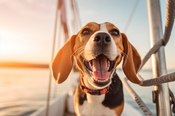 Lifestyle portrait photography of a happy beagle sailing on a sailboat against a pastel or soft colors background. With generative AI technology