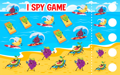 I spy game worksheet, cartoon funny fruits on summer beach vacation. Kids vector riddle how many figs, bananas, apples, grapes and avocado. Children test, education task for baby mind development