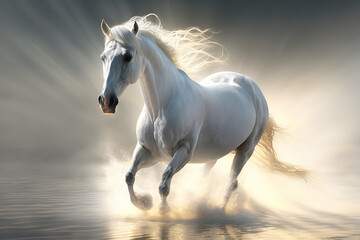 Obraz na płótnie Canvas Image of a beautiful white horse is running on natural background. Wild Animals. illustration. Generative AI.