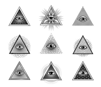 Illuminati or mason pyramid eye, occult providence symbol, vintage mystic tattoo, esoteric spiritual sign. Gog all seeing or providence eye masonic, astrology or wizardry vector engraved symbols