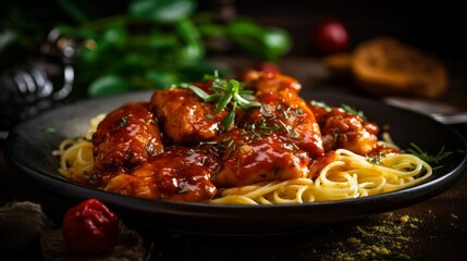 Dark plate with italian spaghetti on dark