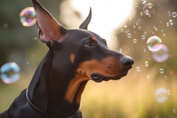 Environmental portrait photography of a curious doberman pinscher playing with bubbles against a pastel or soft colors background. With generative AI technology