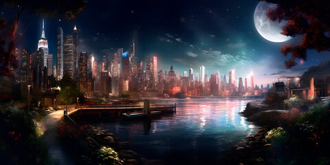 Fantastic New York city at night near river, urban romantic concept, generative ai