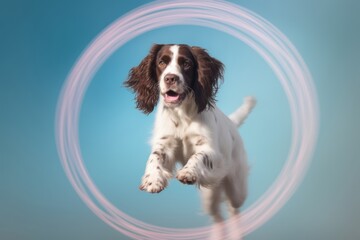 Lifestyle portrait photography of a curious english springer spaniel jumping through a hoop against a pastel or soft colors background. With generative AI technology
