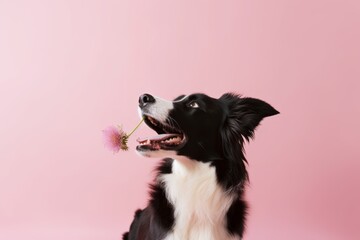 Full-length portrait photography of a happy border collie having a flower in its mouth against a pastel or soft colors background. With generative AI technology