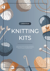 Promo flyer with balls of wool, needles, crochet hook. Skein of yarn.Tools, equipment for knitwork, handicraft. Handmade needlework, hobby. Knitting studio Vector A4 poster, banner, cover, card