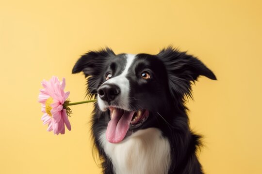 Full-length portrait photography of a happy border collie having a flower in its mouth against a pastel or soft colors background. With generative AI technology