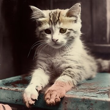 AI Generated. AI Generative. 1910s vintage retro coloured photo realistic photography illustration. Pen animal kitty cat relax vibe. Graphic Art