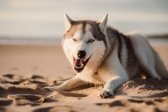 Lifestyle portrait photography of an aggressive siberian husky scratching the body against dog-friendly beaches background. With generative AI technology