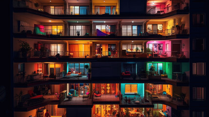 Obraz premium Bright colorful windows pattern at night. Front view facade of residential building with glowing lights in windows and balcony in the dark. Created with Generative AI