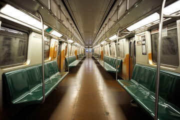 Obraz premium Empty subway train wagon interior. Public transport in city. Inside view of metropolitan wagon. Created with Generative AI